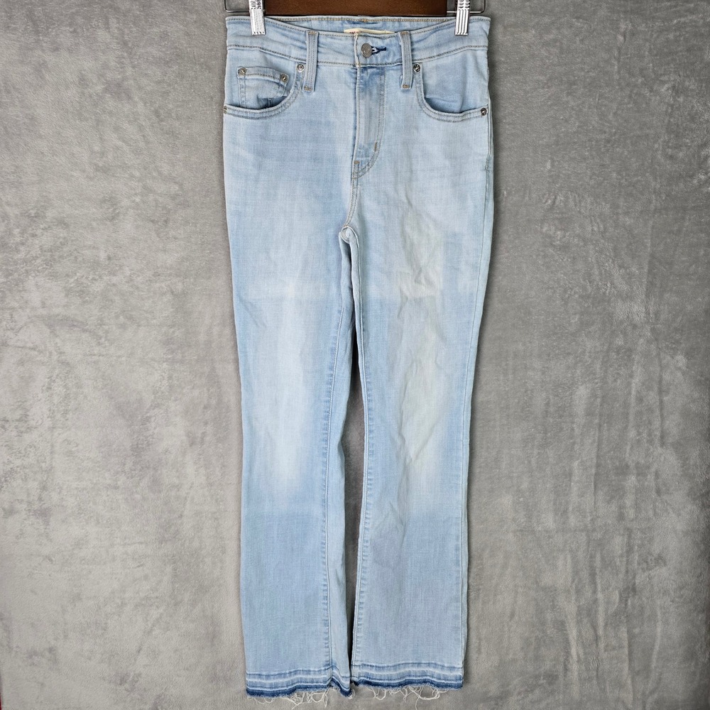 Levis 725 High‎ Rise Bootcut Jeans Light Wash Raw Hem Womens 25 Stretch Denim